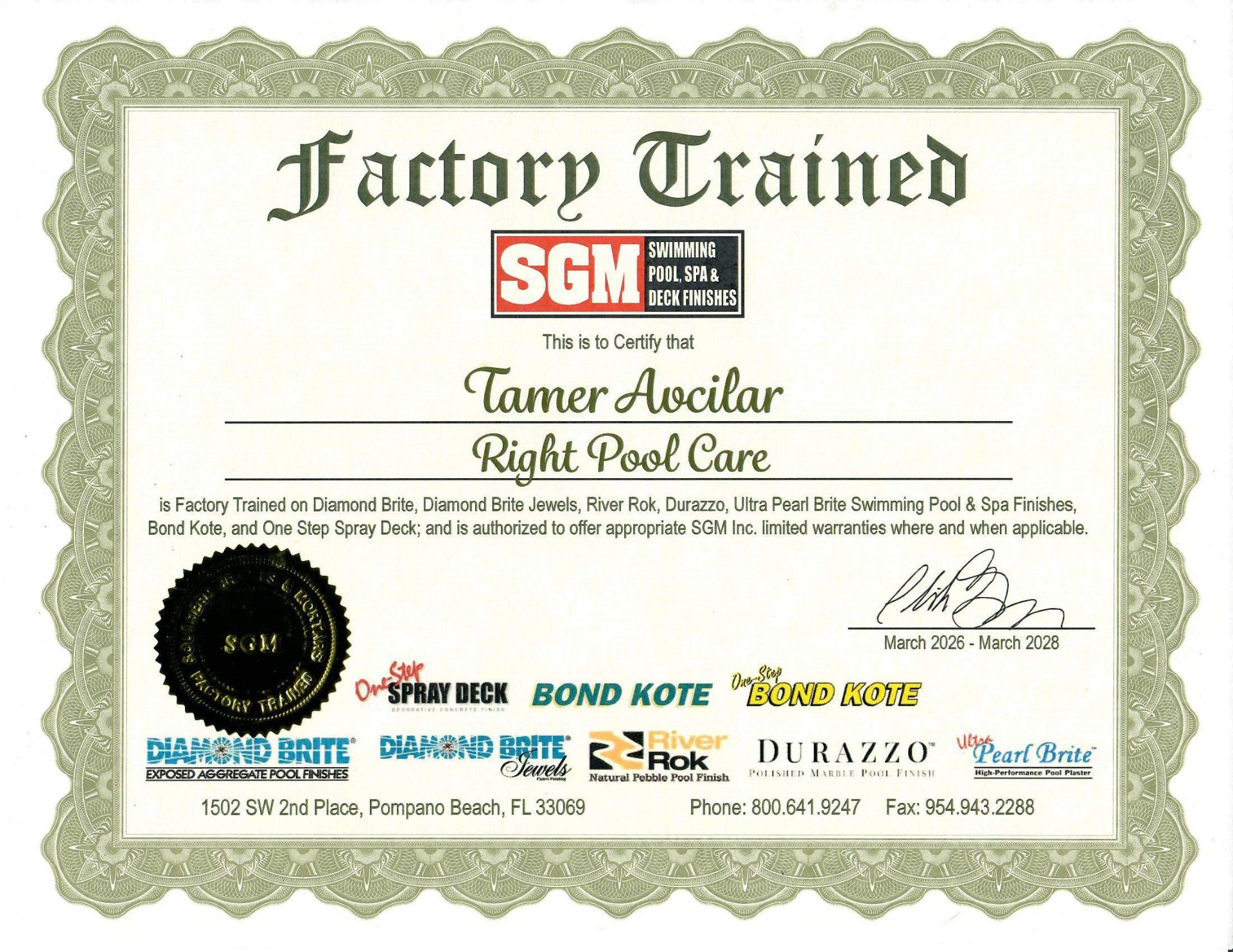SGM Factory Trained certification for Diamond Brite, River Rok, Durazzo, and Ultra Pearl Brite pool finishes